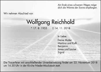Traueranzeige von Wolfgang Reichhold von Wetterauer Zeitung, Wetterauer Zeitung