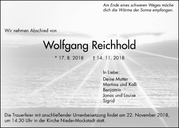 Traueranzeige von Wolfgang Reichhold von Wetterauer Zeitung, Wetterauer Zeitung
