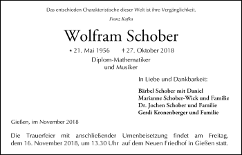 Traueranzeige von Wolfram Schober von Giessener Allgemeine, Alsfelder Allgemeine