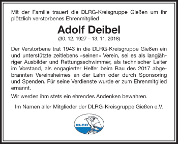 Traueranzeige von Adolf Deibel von Giessener Allgemeine, Alsfelder Allgemeine