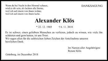 Traueranzeige von Alexander Klös von Giessener Allgemeine, Alsfelder Allgemeine