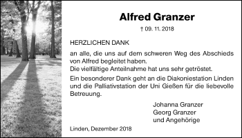 Traueranzeige von Alfred Granzer von Giessener Allgemeine, Alsfelder Allgemeine