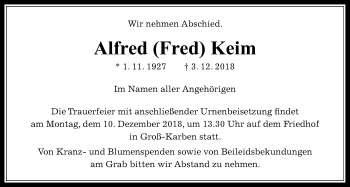 Traueranzeige von Alfred Keim von Wetterauer Zeitung