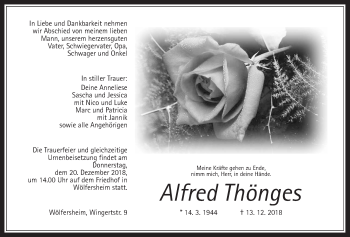 Traueranzeige von Alfred Thönges von Wetterauer Zeitung, Wetterauer Zeitung