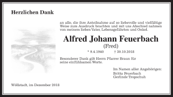 Traueranzeige von Alfred Johann Feuerbach von Wetterauer Zeitung, Wetterauer Zeitung