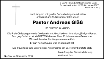 Traueranzeige von Andreas Gläß von Giessener Allgemeine, Alsfelder Allgemeine