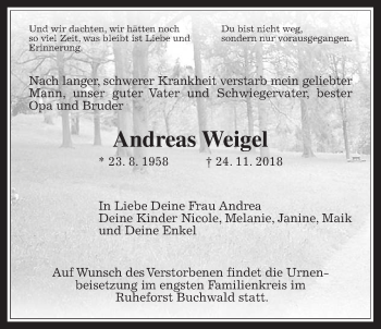 Traueranzeige von Andreas Weigel von Alsfelder Allgemeine