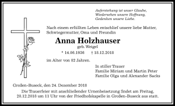 Traueranzeige von Anna Holzhauser von Giessener Allgemeine, Alsfelder Allgemeine