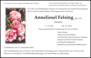 Traueranzeige von Anneliesel Felsing von Giessener Allgemeine, Alsfelder Allgemeine