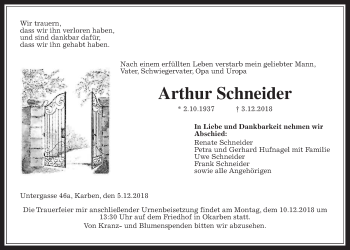 Traueranzeige von Arthur Schneider von Wetterauer Zeitung, Wetterauer Zeitung