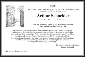 Traueranzeige von Arthur Schneider von Wetterauer Zeitung, Wetterauer Zeitung
