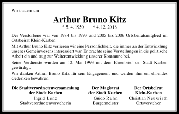 Traueranzeige von Arthur Bruno Kitz von Wetterauer Zeitung