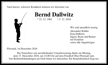 Traueranzeige von Bernd Dallwitz von Wetterauer Zeitung, Wetterauer Zeitung