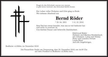 Traueranzeige von Bernd Röder von Wetterauer Zeitung, Wetterauer Zeitung