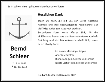 Traueranzeige von Bernd Schleer von Giessener Allgemeine, Alsfelder Allgemeine
