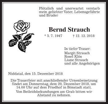 Traueranzeige von Bernd Strauch von Wetterauer Zeitung, Wetterauer Zeitung