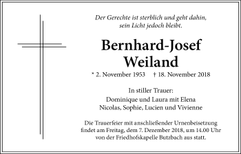 Traueranzeige von Bernhard-Josef Weiland von Wetterauer Zeitung, Wetterauer Zeitung