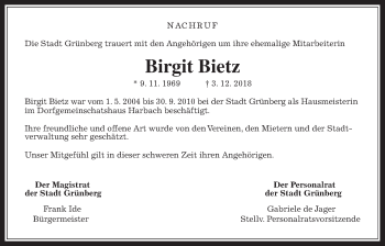 Traueranzeige von Birgit Bietz von Giessener Allgemeine, Alsfelder Allgemeine