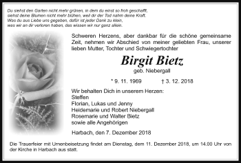 Traueranzeige von Birgit Bietz von Giessener Allgemeine, Alsfelder Allgemeine