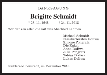 Traueranzeige von Brigitte Schmidt von Wetterauer Zeitung, Wetterauer Zeitung