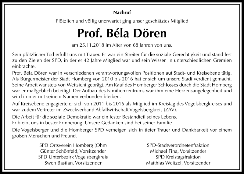  Traueranzeige für Béla Dören vom 01.12.2018 aus Giessener Allgemeine, Alsfelder Allgemeine