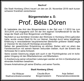 Traueranzeige von Béla Dören von Alsfelder Allgemeine