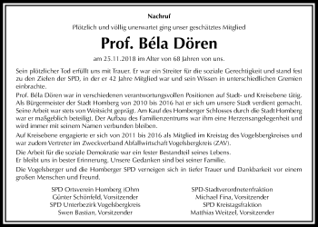 Traueranzeige von Béla Dören von Giessener Allgemeine, Alsfelder Allgemeine