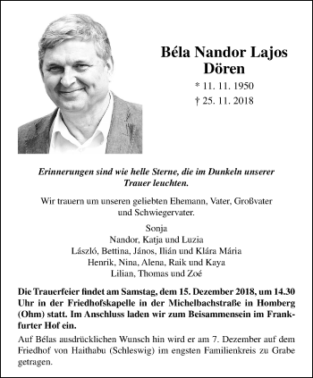 Traueranzeige von Béla Nandor Lajos Dören von Alsfelder Allgemeine, Giessener Allgemeine, Alsfelder Allgemeine