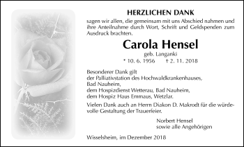 Traueranzeige von Carola Hensel von Wetterauer Zeitung, Wetterauer Zeitung