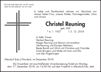 Traueranzeige von Christel Reuning von Giessener Allgemeine, Alsfelder Allgemeine