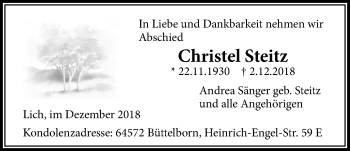 Traueranzeige von Christel Steitz von Licher Wochenblatt, Licher Wochenblatt, Licher Wochenblatt
