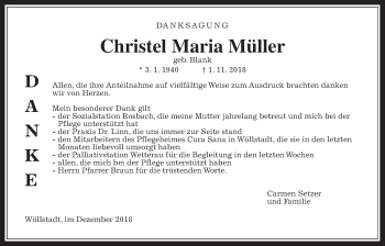 Traueranzeige von Christel Maria Müller von Wetterauer Zeitung, Wetterauer Zeitung