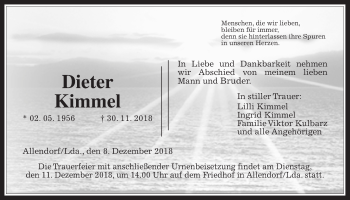 Traueranzeige von Dieter Kimmel von Giessener Allgemeine, Alsfelder Allgemeine