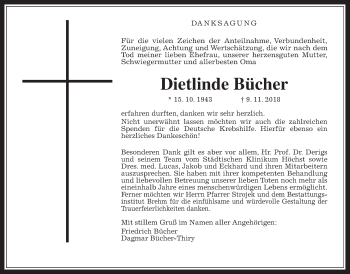 Traueranzeige von Dietlinde Bücher von Wetterauer Zeitung, Wetterauer Zeitung