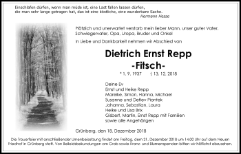Traueranzeige von Dietrich Ernst Repp von Giessener Allgemeine, Alsfelder Allgemeine