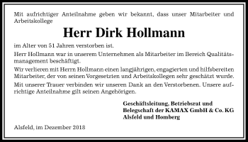 Traueranzeige von Dirk Hollmann von Alsfelder Allgemeine