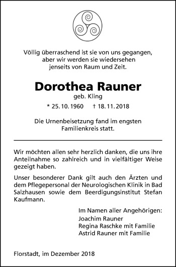 Traueranzeige von Dorothea Rauner von Wetterauer Zeitung, Wetterauer Zeitung