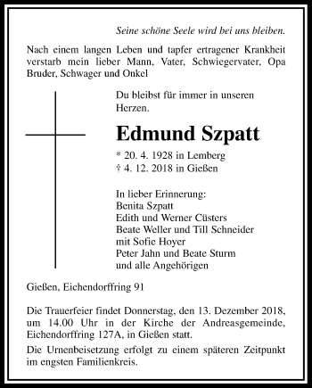 Traueranzeige von Edmund Szpatt von Giessener Allgemeine, Alsfelder Allgemeine