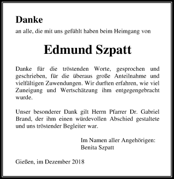 Traueranzeige von Edmund Szpatt von Giessener Allgemeine, Alsfelder Allgemeine