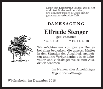 Traueranzeige von Elfriede Stenger von Wetterauer Zeitung, Wetterauer Zeitung