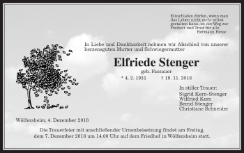 Traueranzeige von Elfriede Stenger von Wetterauer Zeitung, Wetterauer Zeitung