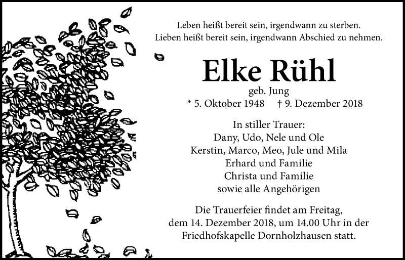  Traueranzeige für Elke Rühl vom 11.12.2018 aus Giessener Allgemeine, Alsfelder Allgemeine