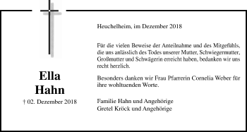 Traueranzeige von Ella Hahn von Giessener Allgemeine, Alsfelder Allgemeine