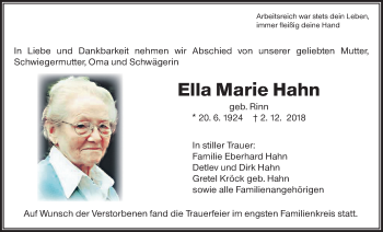 Traueranzeige von Ella Marie Hahn von Giessener Allgemeine, Alsfelder Allgemeine
