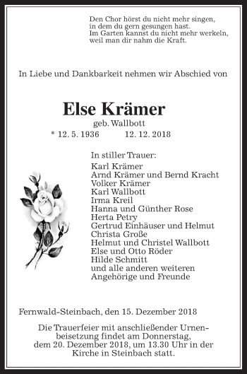 Traueranzeige von Else Krämer von Giessener Allgemeine, Alsfelder Allgemeine
