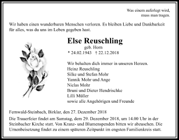 Traueranzeige von Else Reuschling von Giessener Allgemeine, Alsfelder Allgemeine