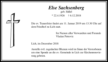 Traueranzeige von Else Sachsenberg von Licher Wochenblatt, Licher Wochenblatt, Licher Wochenblatt