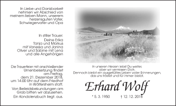 Traueranzeige von Erhard Wolf von Wetterauer Zeitung, Wetterauer Zeitung