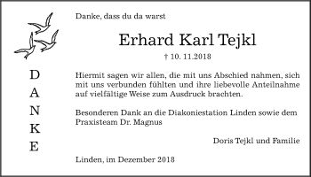 Traueranzeige von Erhard Karl Tejkl von Giessener Allgemeine, Alsfelder Allgemeine