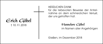 Traueranzeige von Erich Göbel von Wetterauer Zeitung, Wetterauer Zeitung, Giessener Allgemeine, Alsfelder Allgemeine